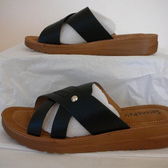 SelenePair Women's Flat Slide Low Wedge Black Open Toe Straps Sandals-Size 8-NIB - Picture 4 of 8